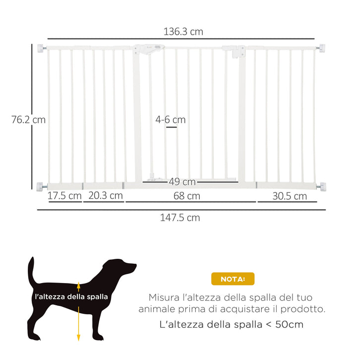 Cancelletto di Sicurezza per Animali Domestici 3 Estensioni Regolabile 74-148cm Chiusura Automatica Bianco