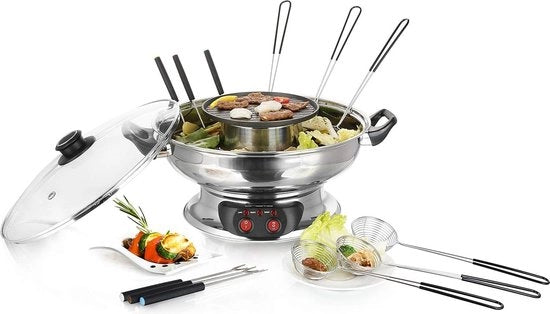Fonduta elettrica per pesce e carne - inclusa piastra di grilling e coperchio in vetro - capacità 4 l - 2 impostazioni di temperatura - set di hot pot elettrico - fonduta in acciaio inossidabile