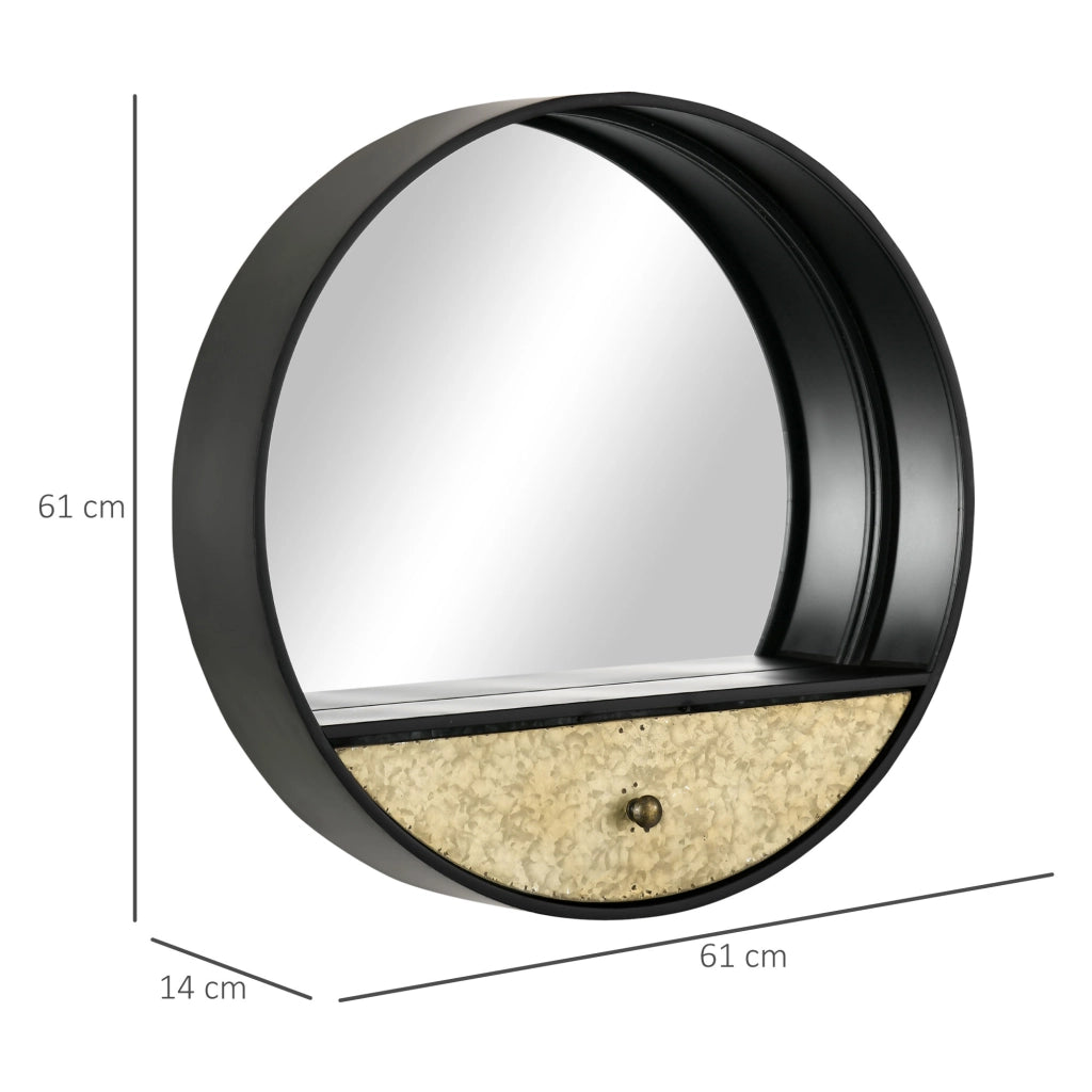 Specchio da Parete Rotondo ?61cm, Specchio Decorativo con Cassetto e Cornice in Metallo e MDF, Nero