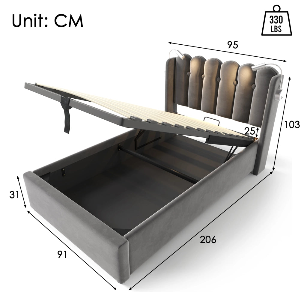 Letto Contenitore 90 x 200 cm; 1 Posto con USB; Luce da Lettura e Vano; senza Materasso; Velluto Grigio