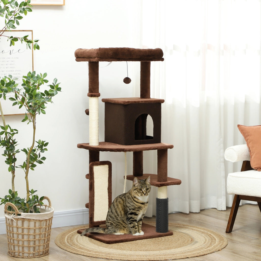 Albero tiragraffi per gatti con piattaforme, palo, spazzola, palline e cuscino ¨C zephmum ¨C 132 cm marrone
