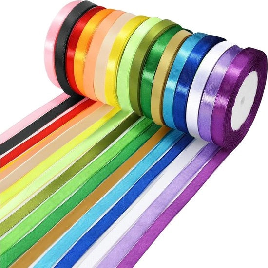 Lint satin 16 colori 10 mm x 22 m resistente all'acqua, verde-blu-rosa, per cucito, decorazioni di matrimonio e strik.