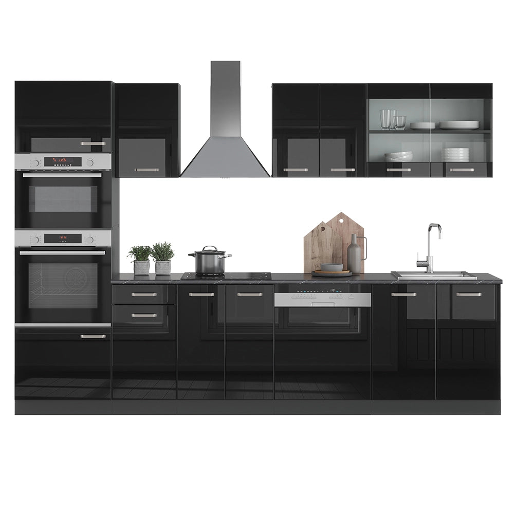 Vicco Cucina componibile Nero lucido/antracite 300 cm con armadio alto, PL Rovere