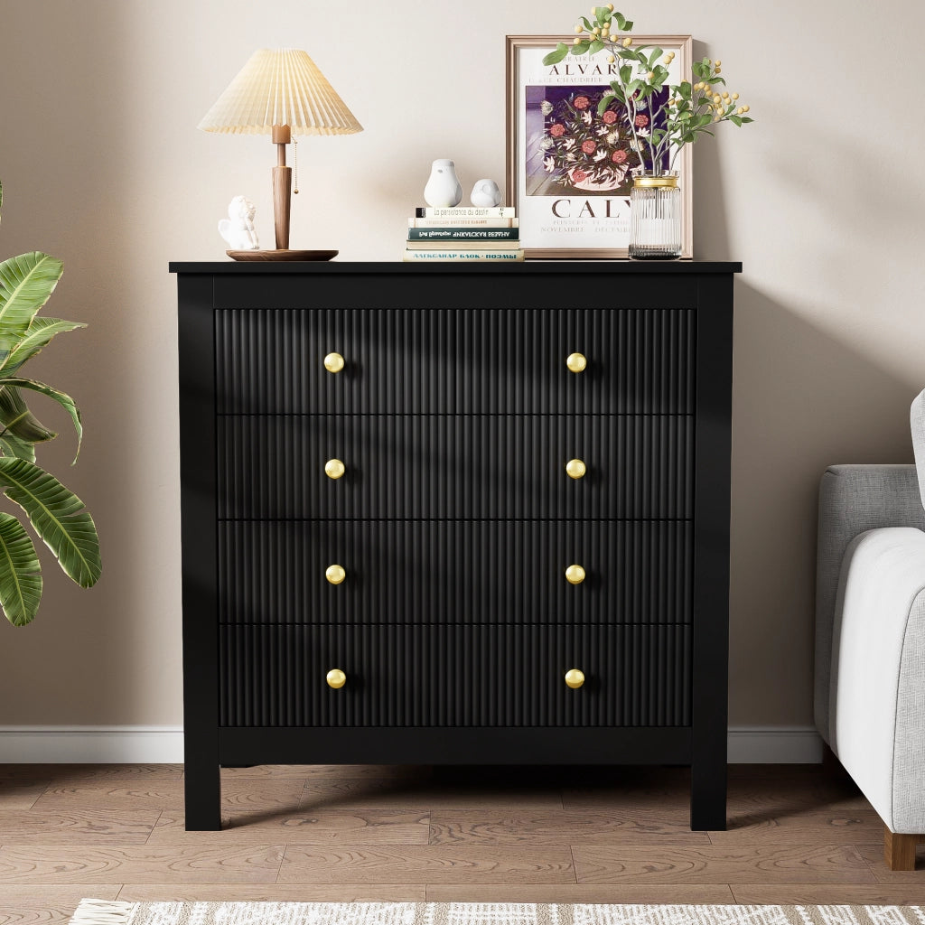Cassettiera con 5 Cassetti e Maniglie Dorate; per Camera o Ingresso; in Truciolare; 79 × 39.5 × 80.5 cm; Nero