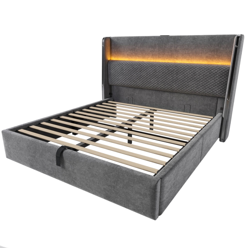 Letto matrimoniale con contenitore 140x200 cm in lino grigio con LED; USB; Type-C e materasso