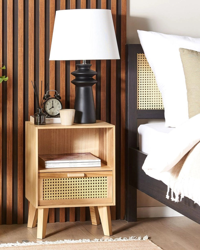 Comodino 1 cassetto con ripiano rattan e marrone chiaro 40 x 30 cm boho camera da letto salone