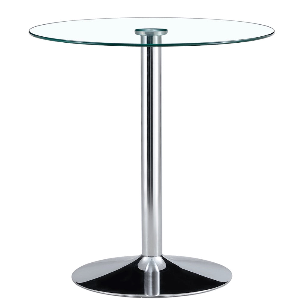 Tavolo da bar rotondo 89 cm; altezza 92 cm in vetro trasparente con base in metallo argento
