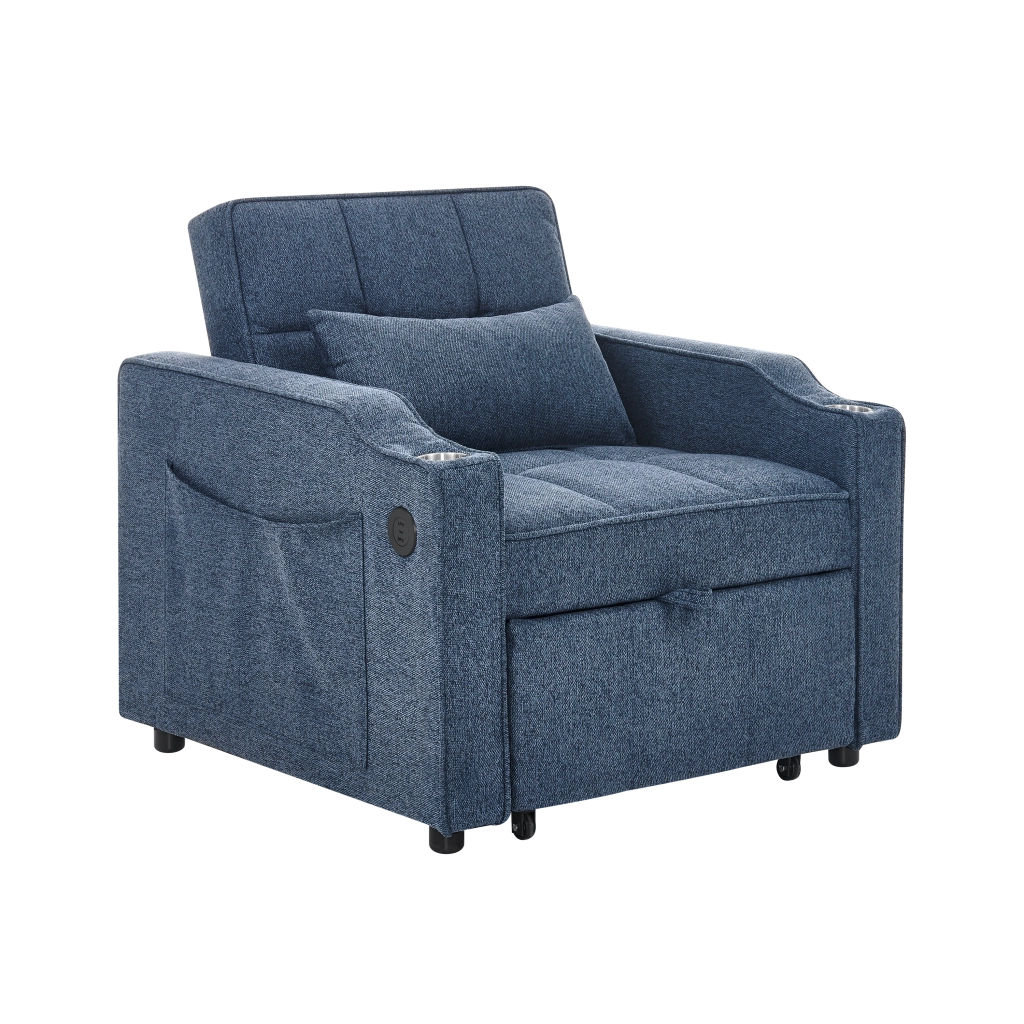 Poltrona letto 3 in 1 con schienale regolabile e tasche laterali in tessuto blu navy