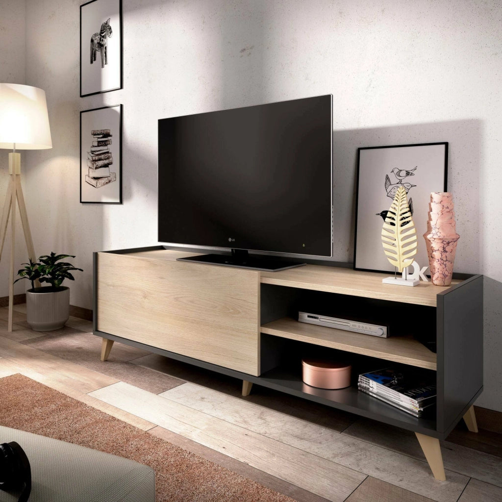 Mobile porta TV Allesia, Credenza bassa da soggiorno, Madia da salotto per televisione, 155x43h47 cm, Rovere e Antracite