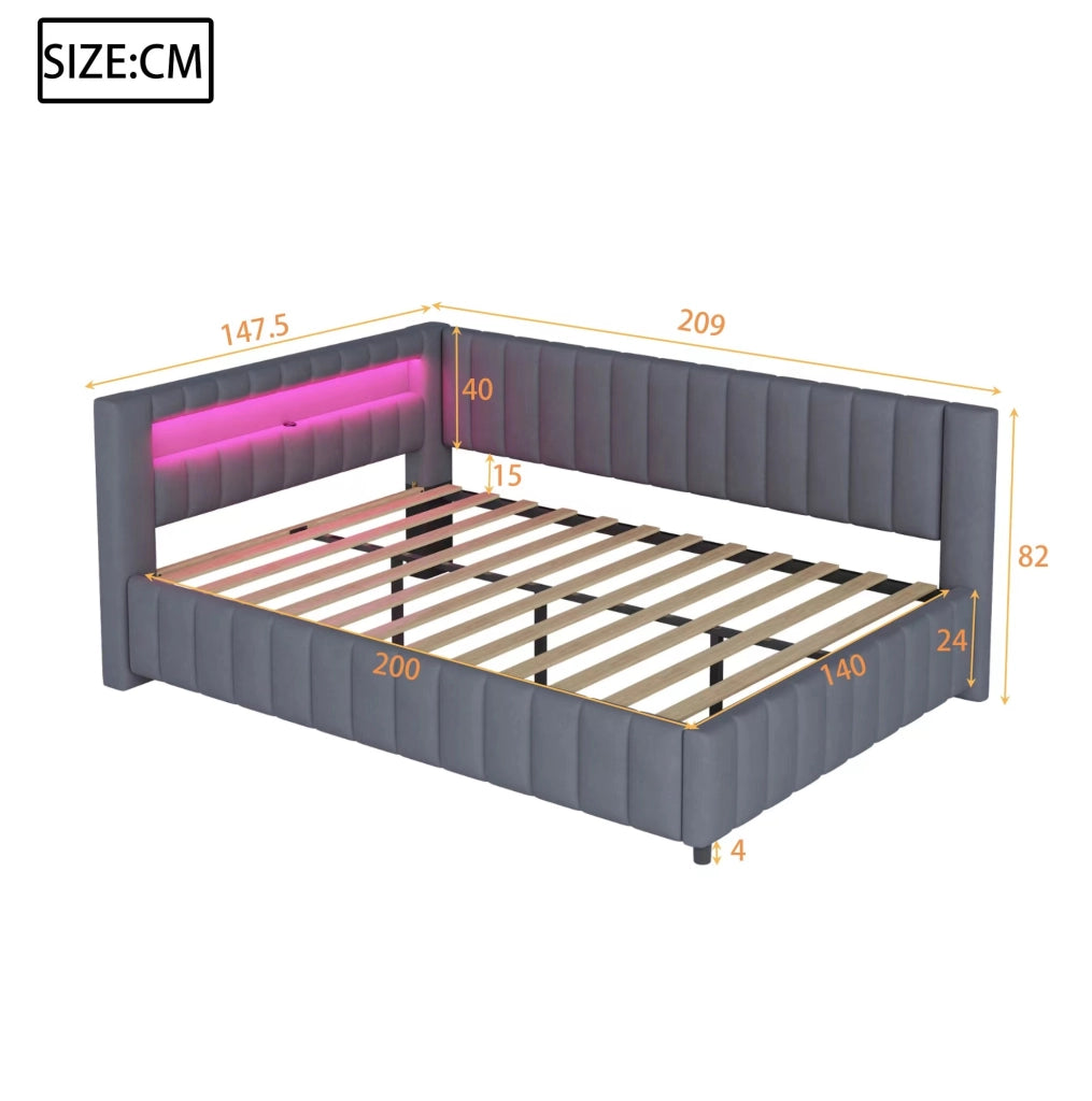 Letto imbottito angolare 140x200 cm in velluto grigio con LED e porta USB
