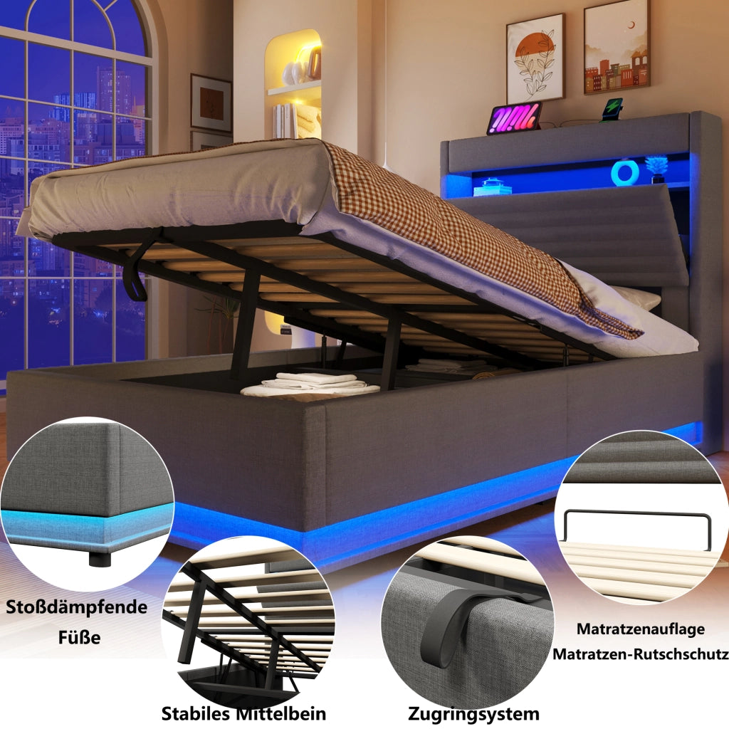 DESMIU Lit Contenitore 90 × 200 cm 1 posto con LED, USB, Type-C, apertura idraulica, senza materasso, grigio
