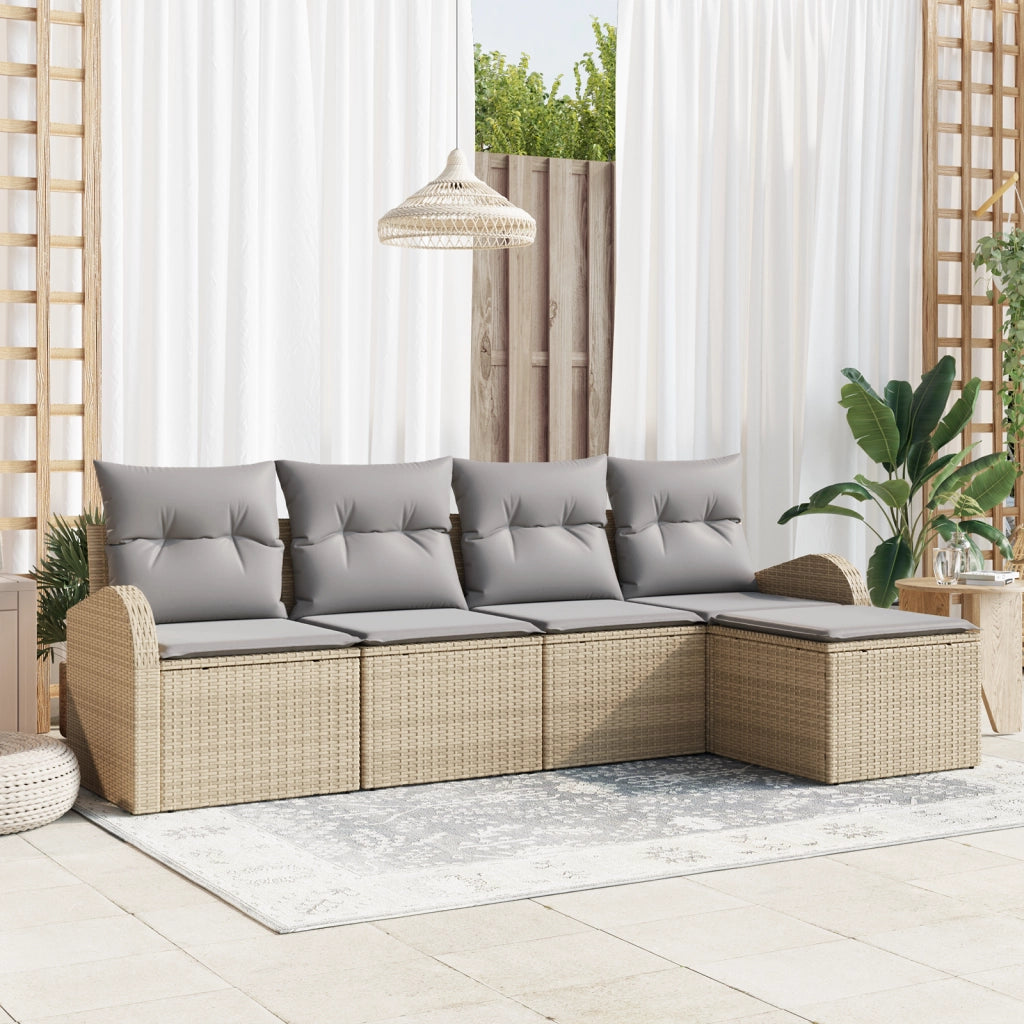 Set Divano da Giardino 5 Pezzi con Cuscini Beige Polyrattan
