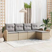 Set Divano da Giardino 5 Pezzi con Cuscini Beige Polyrattan