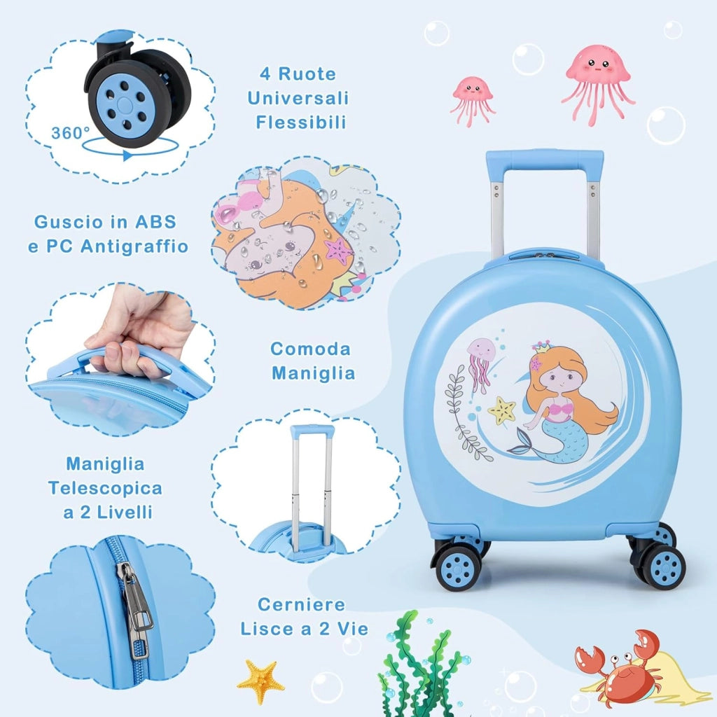 Set di Valiglie per Bambini, Set da 4 Pezzi con Trolley, Zaino, Cuscino per Collo ed Etichetta per Bagaglio, Valigia a Mano da Viaggio con Ruote Universale e Maniglia Regolabile (Sirena)