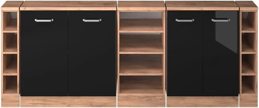 Set di mobili sottotetto Rion, Nero lucido, 210 cm Set di 5 carcasse armadio profondità 60 cm, adatto per il salvaspazio sotto tetti spioventi