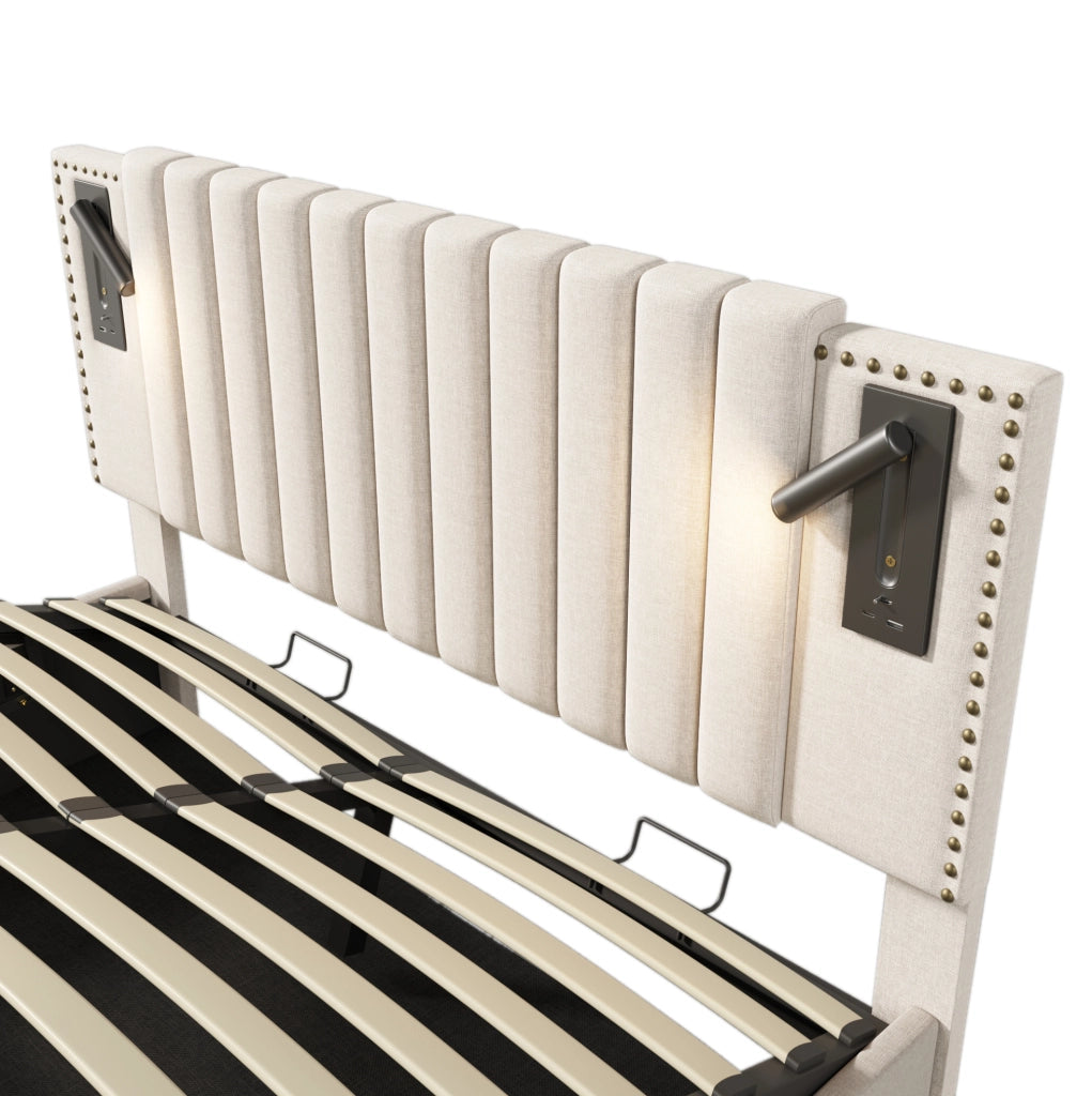 Letto matrimoniale 140x200 con contenitore, luce LED e USB, materasso incluso