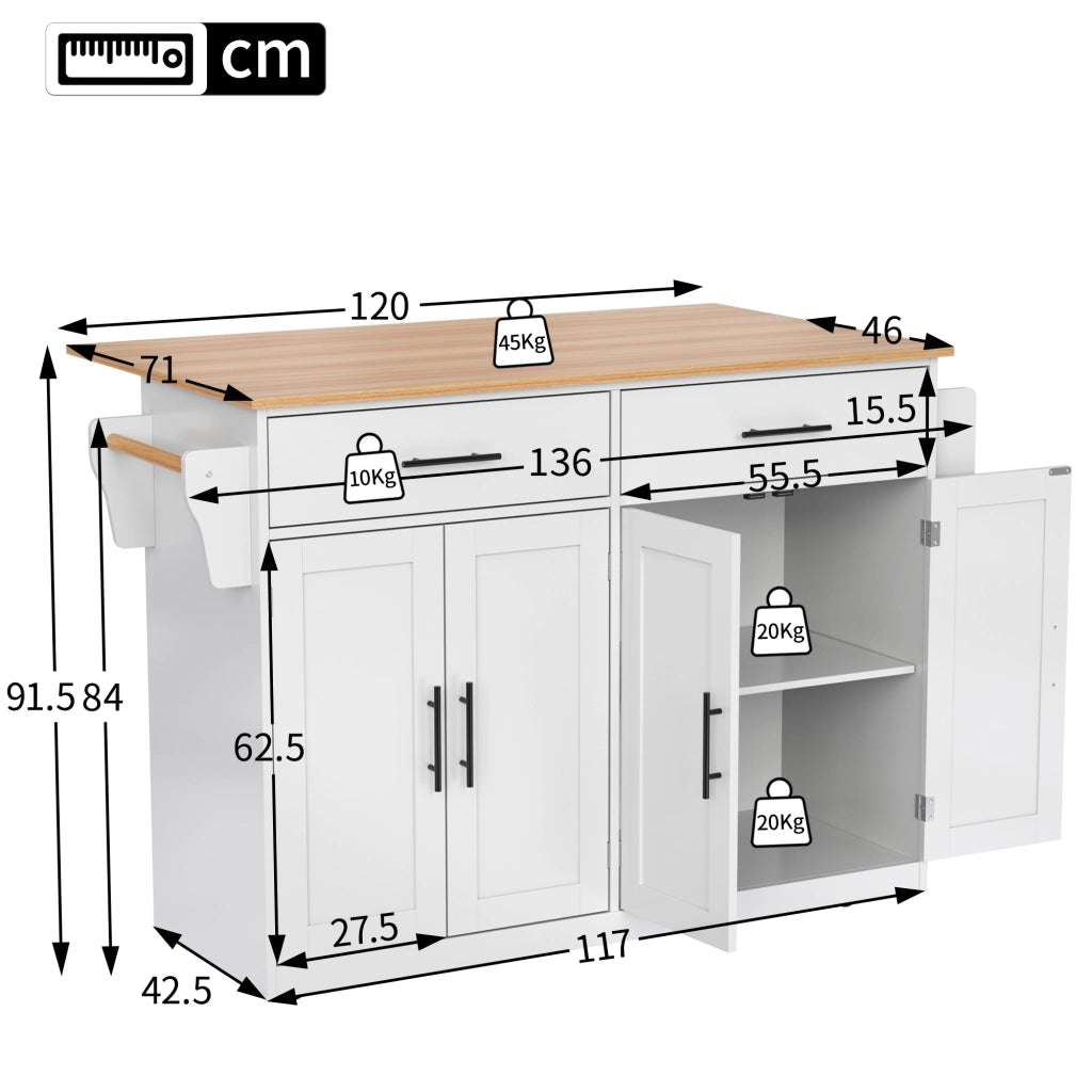 Carrello da Cucina con 2 Cassetti; 4 Ante; Piano Ribaltabile e Portaasciugamani; in MDF; 120x46x91;5 cm