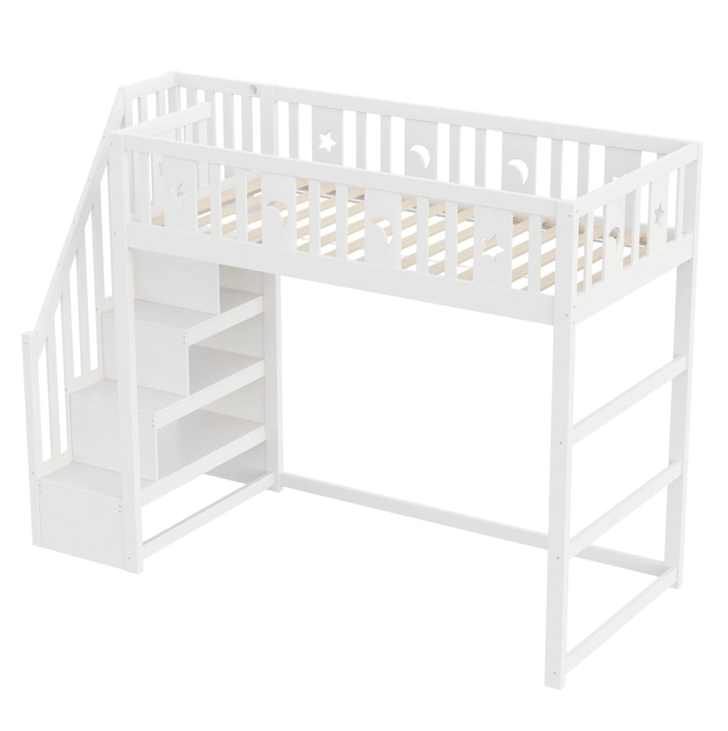 Letto a soppalco bianco 140x200 cm in legno massello con scala, ripiani e divanetto