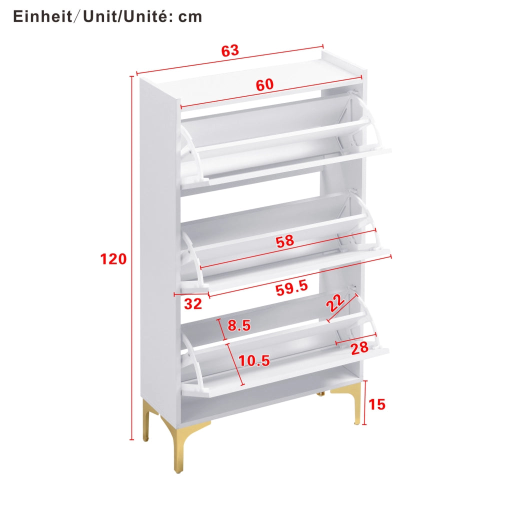 Scarpiera moderna a 3 ante con vani chiusi; 63x24x120 cm in MDF bianco con gambe dorate