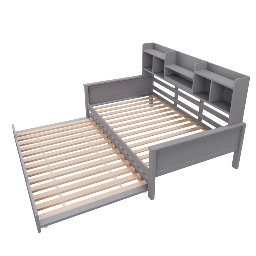 Letto estraibile singolo 90×200 cm e 90×190 cm con vani portaoggetti e rete; senza materasso; legno; grigio