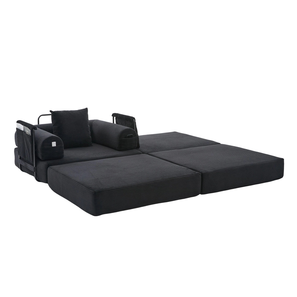 Divano modulare in corduroy nero 112x190x67 cm con cuscino e tasca laterale