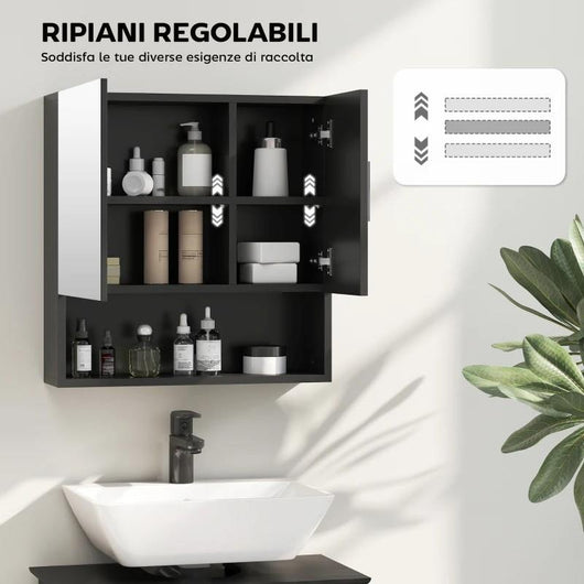 ARMADIETTO SPECCHIERA BAGNO IN LEGNO CON MENSOLE REGOLABILI E RIPIANO APERTO, 54X15.2X55.3 CM, NERO