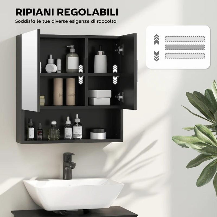 ARMADIETTO SPECCHIERA BAGNO IN LEGNO CON MENSOLE REGOLABILI E RIPIANO APERTO, 54X15.2X55.3 CM, NERO
