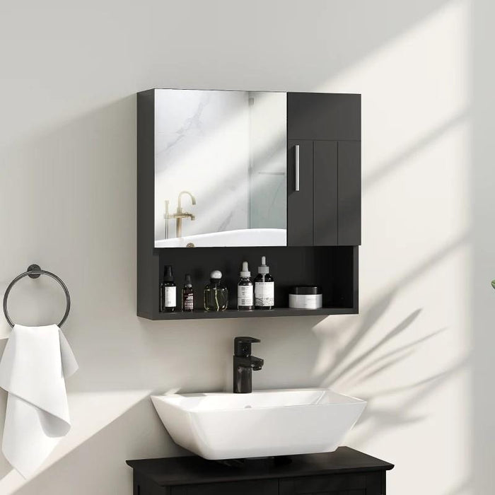 ARMADIETTO SPECCHIERA BAGNO IN LEGNO CON MENSOLE REGOLABILI E RIPIANO APERTO, 54X15.2X55.3 CM, NERO
