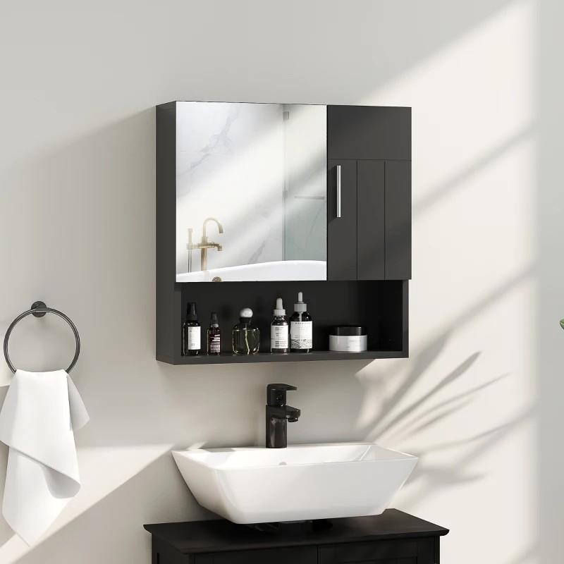 ARMADIETTO SPECCHIERA BAGNO IN LEGNO CON MENSOLE REGOLABILI E RIPIANO APERTO, 54X15.2X55.3 CM, NERO