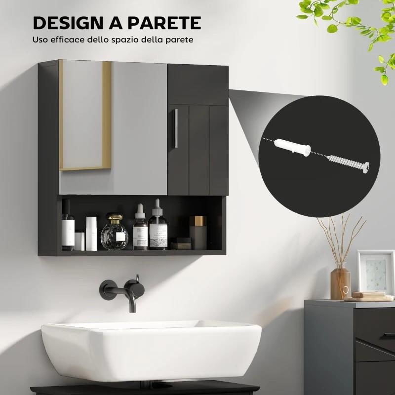 ARMADIETTO SPECCHIERA BAGNO IN LEGNO CON MENSOLE REGOLABILI E RIPIANO APERTO, 54X15.2X55.3 CM, NERO
