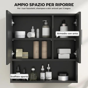ARMADIETTO SPECCHIERA BAGNO IN LEGNO CON MENSOLE REGOLABILI E RIPIANO APERTO, 54X15.2X55.3 CM, NERO