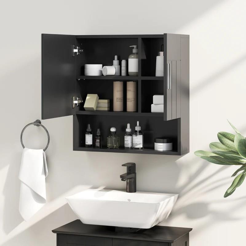 ARMADIETTO SPECCHIERA BAGNO IN LEGNO CON MENSOLE REGOLABILI E RIPIANO APERTO, 54X15.2X55.3 CM, NERO