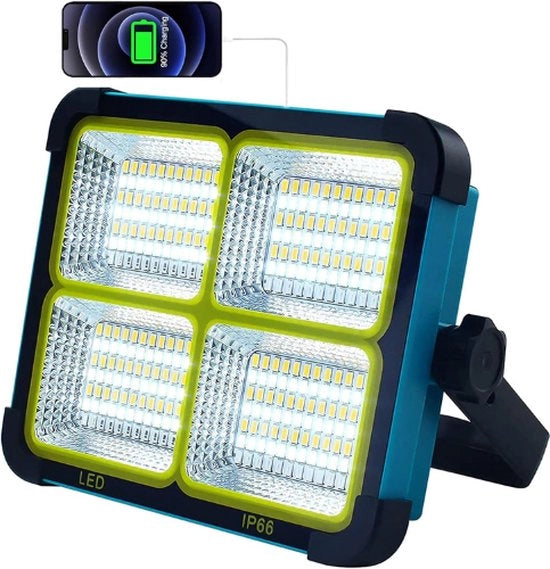 Lampada LED per Box - 100W Ricaricabile - 10000 Lumen - Lampada di Inondazione LED - Solare & Batteria - Lampada da Lavoro - Ricaricabile per Telefono - IP66 Resistenente all'Acqua di Scarico