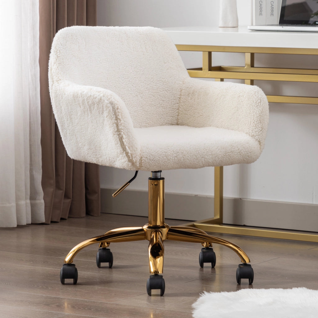 Sedia girevole regolabile in altezza in pelliccia sintetica bianca per home office e trucco
