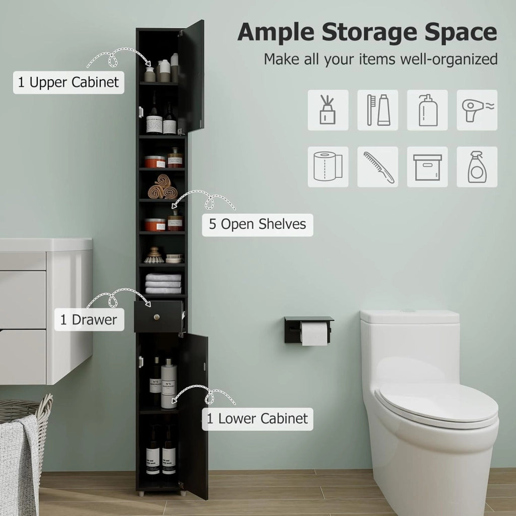 Armadio da Bagno Sottile e Alto con Ante, Mobiletto Bagno Salvaspazio Cassetto e Ripiani Regolabili, Design Moderno, 20 x 20 x 180 cm, 4 Colori