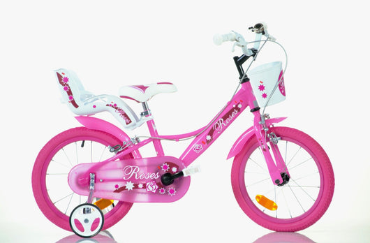 SCH ROSES 16", bicicletta per bambini, adatta ad etÃ  tra i 5 e i 7 anni, per altezza tra 105 e 135 cm, con cestino, c