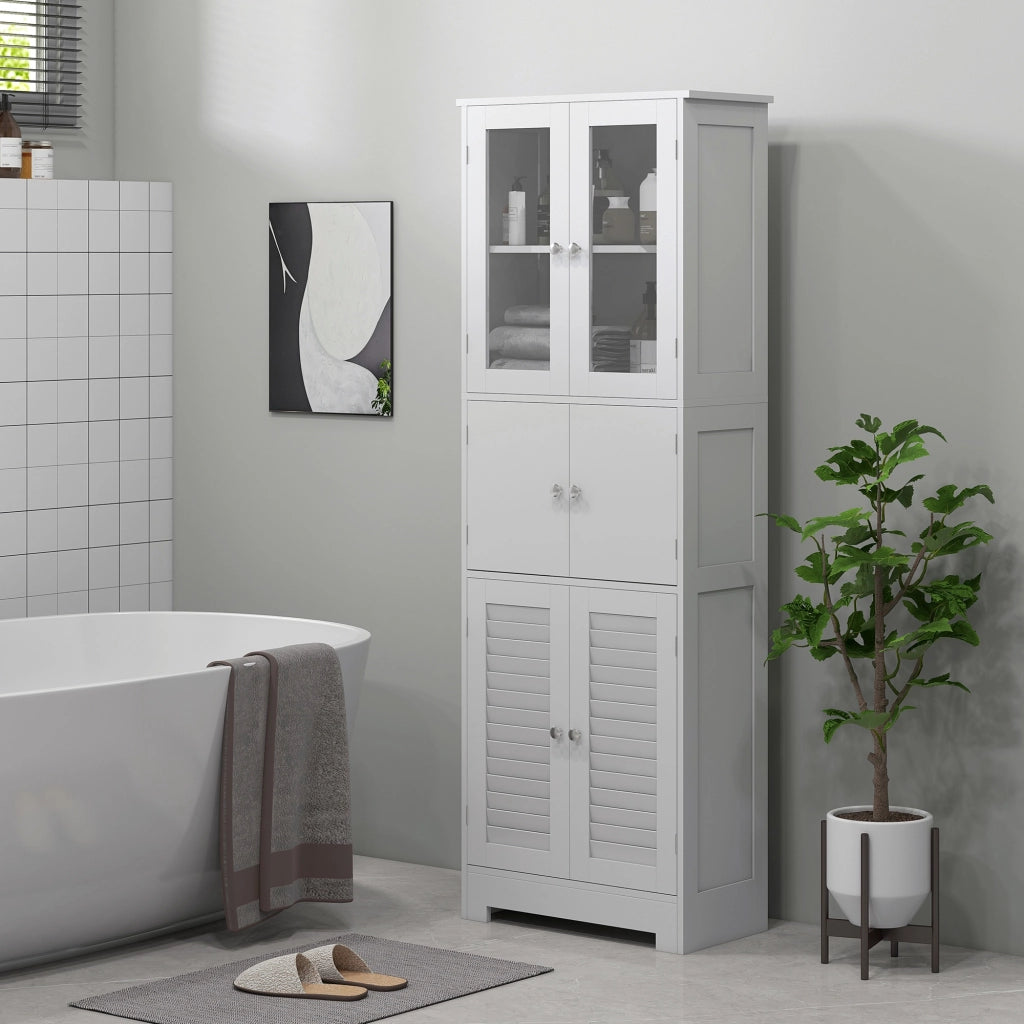 Mobile Colonna Bagno con 3 Armadietti e Ante in Vetro e a Persiana, 60x30x170.5cm, Bianco