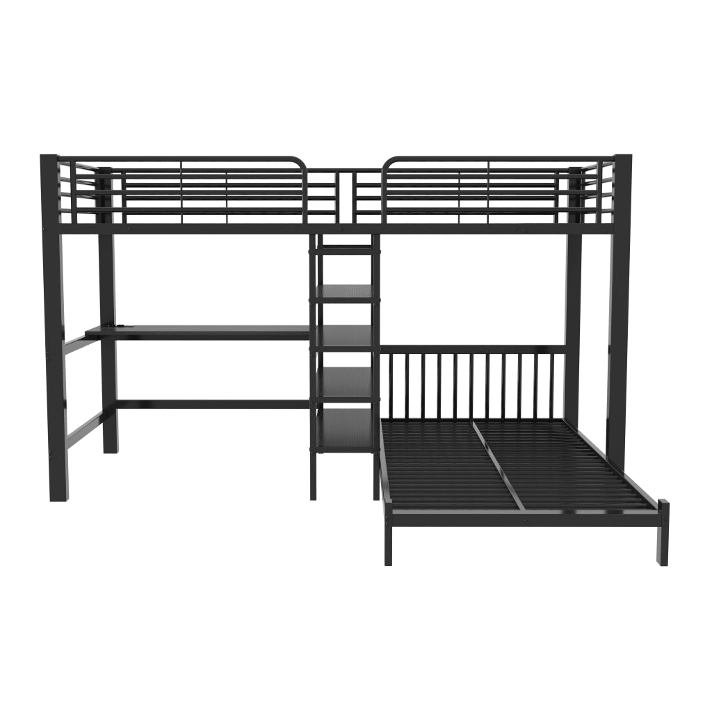 Letto a Soppalco 90 x 200 cm; Letto 2 Posti - Scrivania; USB e Type-C; MDF e Metallo; Nero