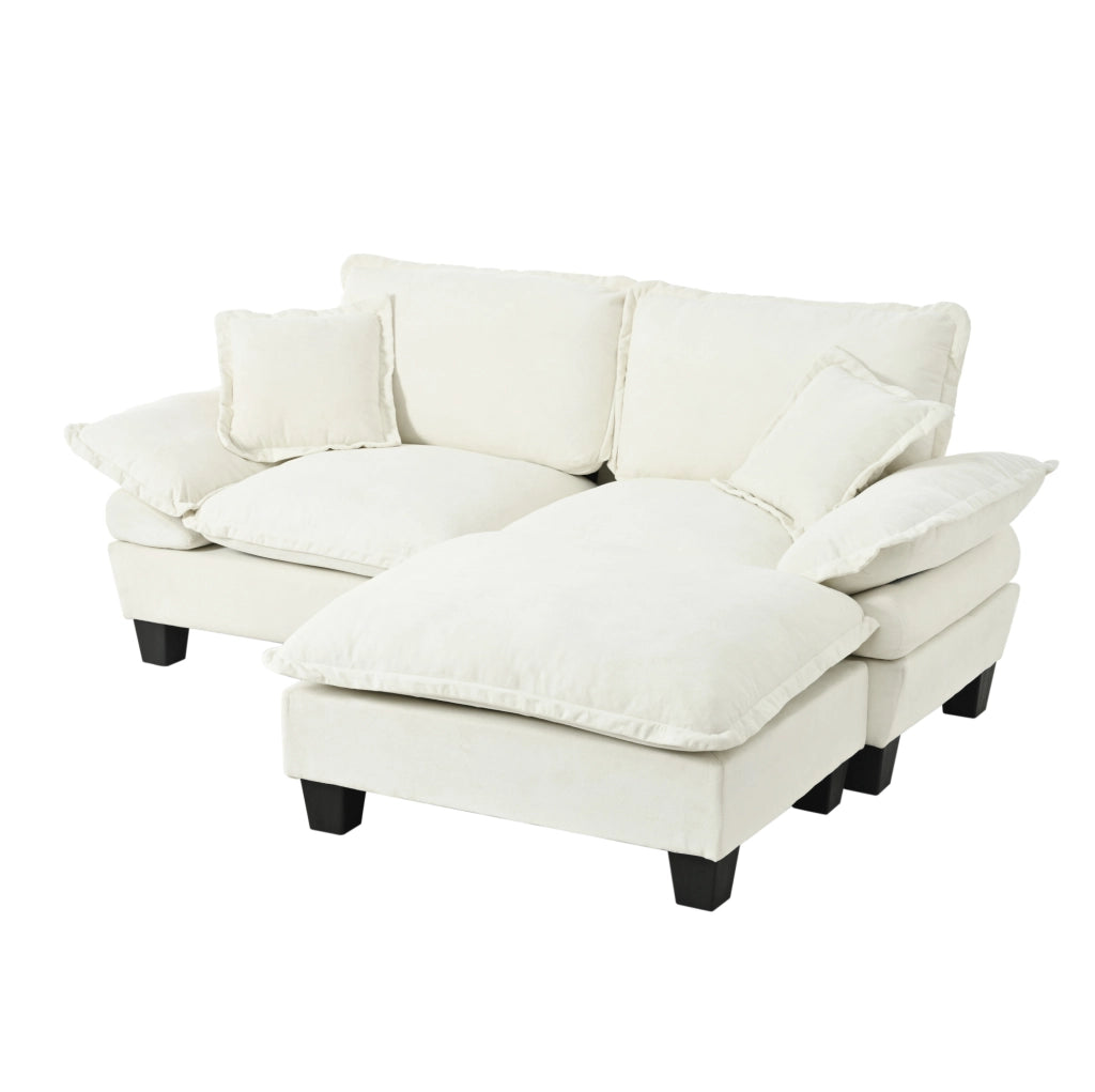 Divano angolare modulare Cloud in chenille beige con pouf mobile e 2 cuscini morbidi, 194x155x90 cm