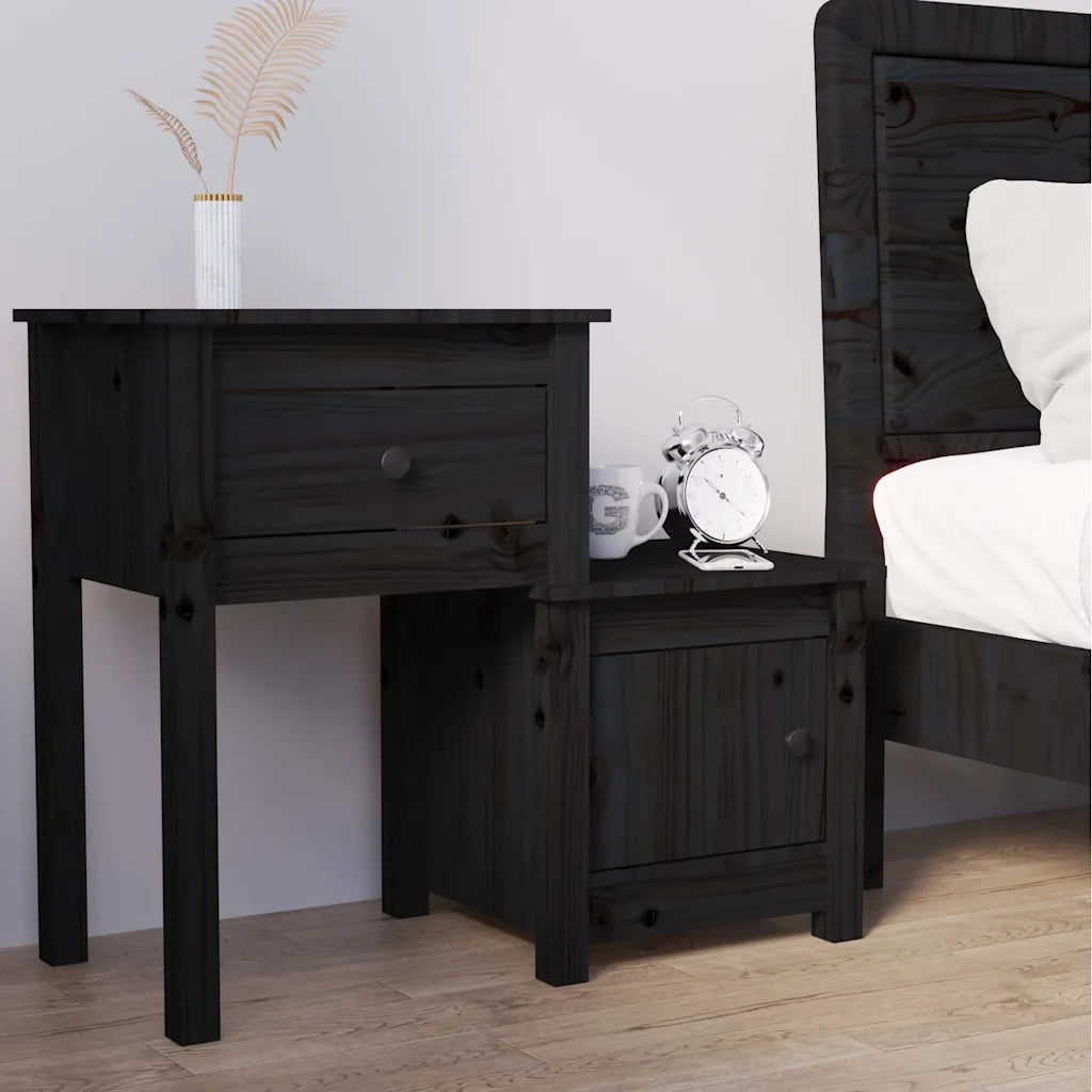Comodino-Tavolino da notte Nero 79,5x38x65,5 cm in Legno Massello di Pino