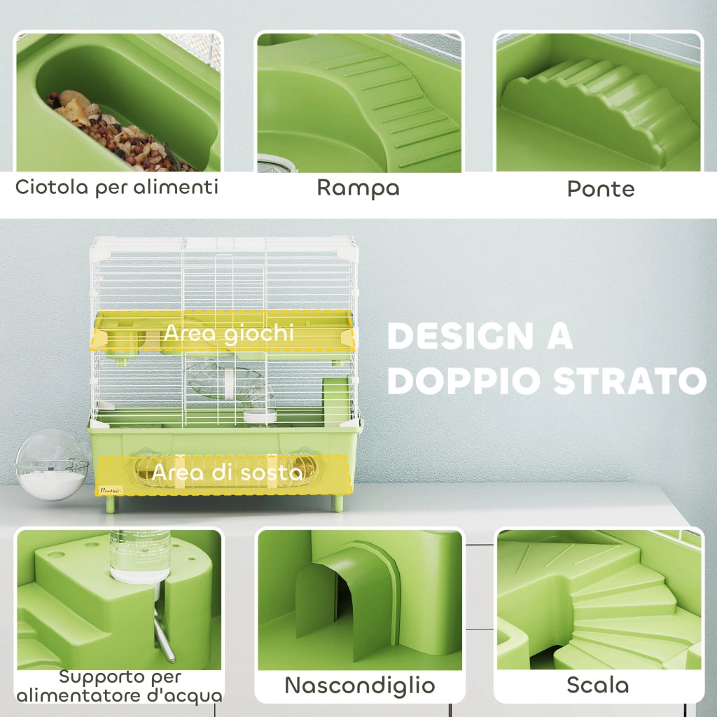 Gabbia per Criceti a 2 Livelli e 3 Porte con Ruota e Tubi, in Acciaio, PS e PP, 44.5x28x44 cm, Verde e Bianco