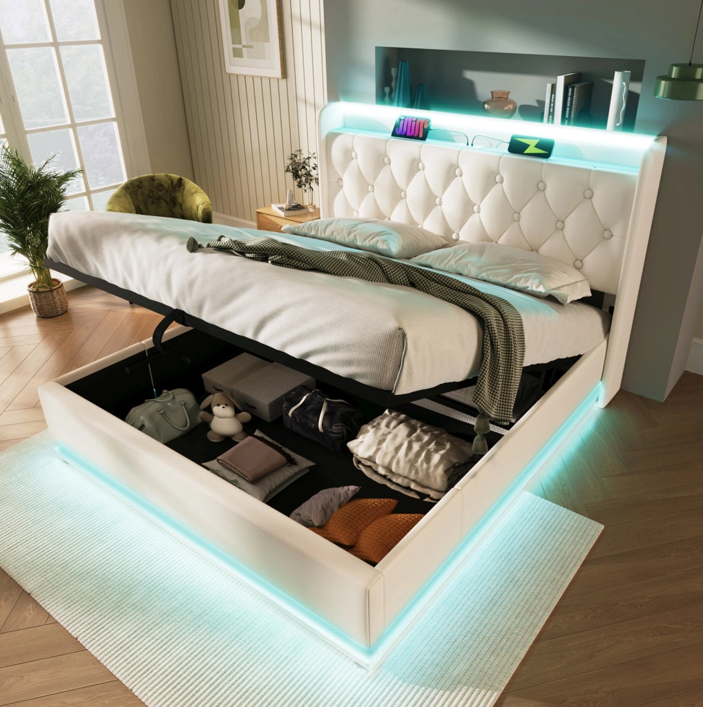 LETTO contenitore 140x200 cm PU bianco con LED, USB e Tipo-C