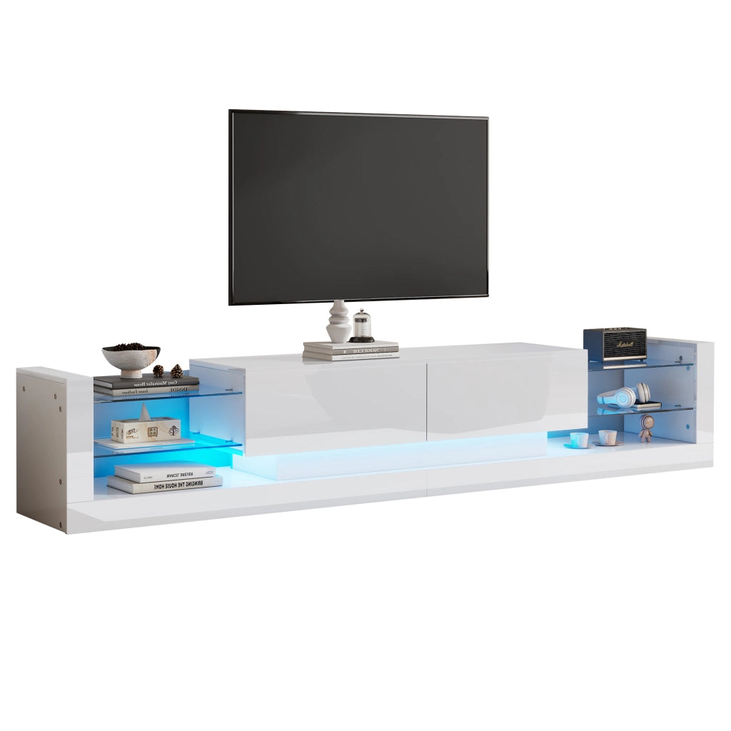 Mobile TV ad alta finitura lucida con illuminazione LED, 181 cm, per TV fino a 80 pollici, frontale in vetro, due cassetti ribaltabili