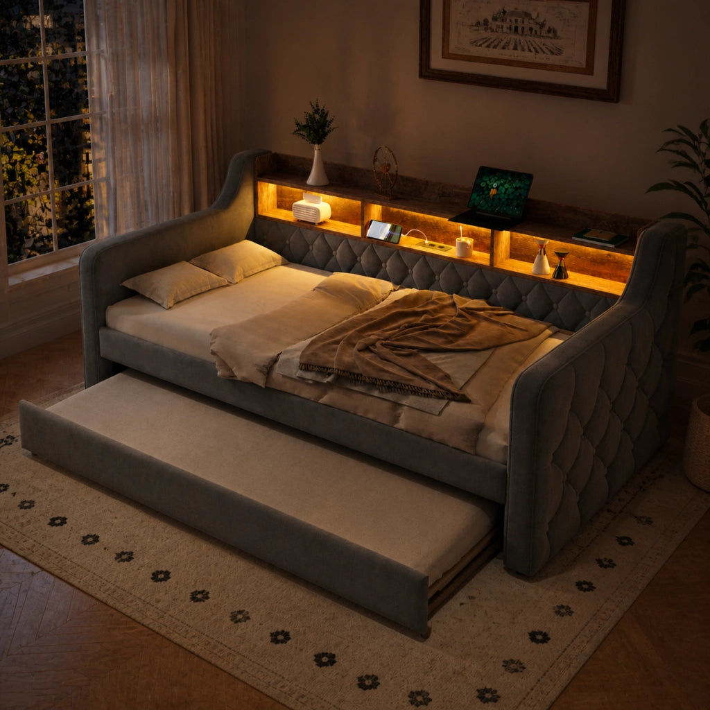 Divano letto in velluto con contenitore e LED, 90x190 cm, grigio