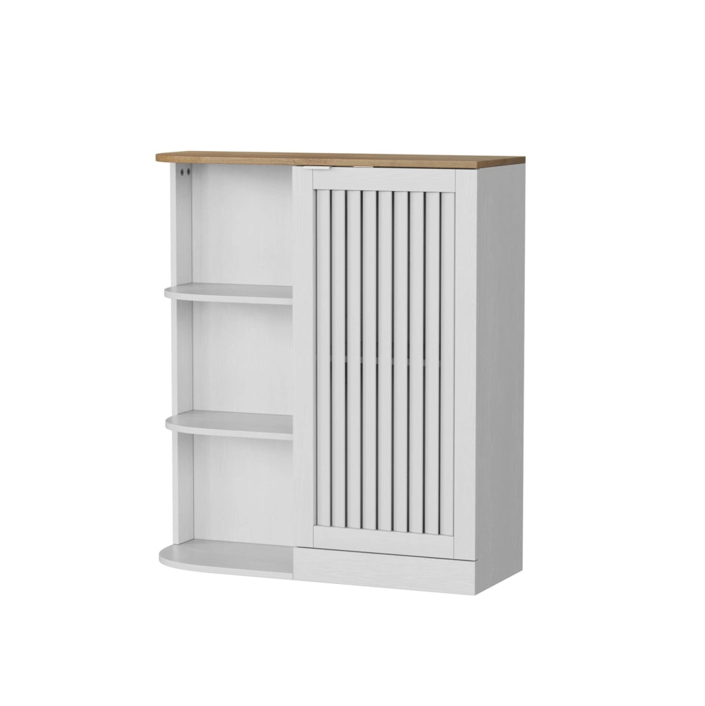 Mobile angolare salvaspazio con ripiani aperti e vani chiusi, bianco effetto rovere, in MDF