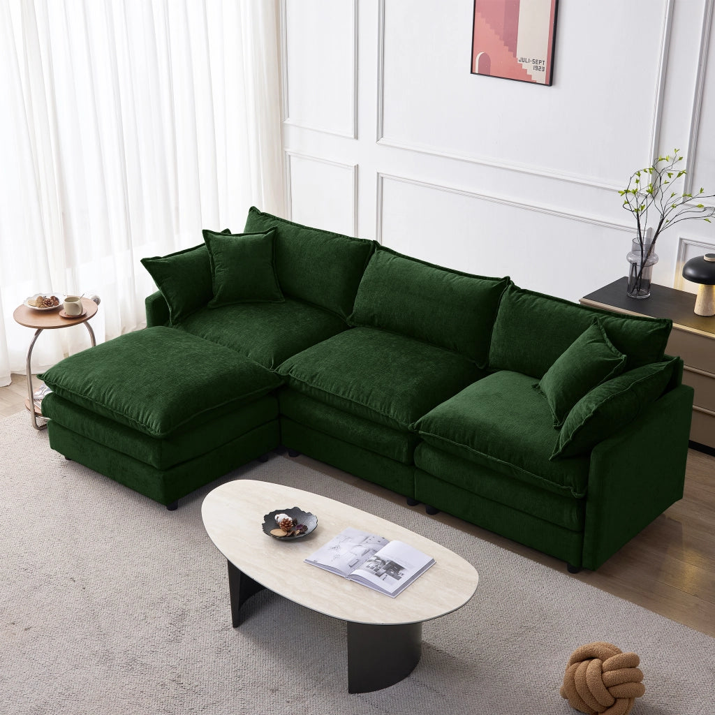 Divano angolare 3 posti con pouf mobile e cuscini sfoderabili, schienale confortevole in ciniglia verde