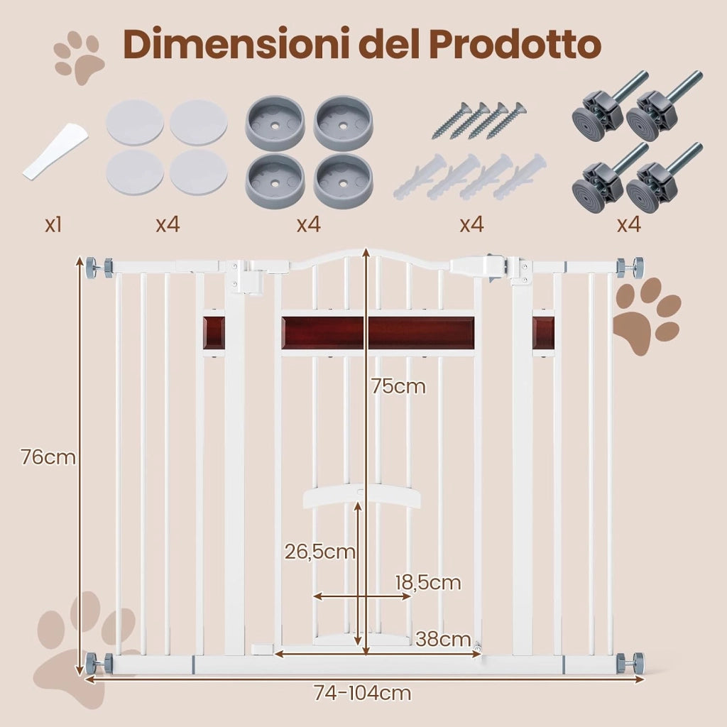 Cancello per Cani per Aperture da 74 a 104 cm, Recinto Espandibile con 2 Prolunghe, Installazione Senza Fori con Supporti, Doppia Chiusura, Cancello Metallico per Scala e Ingresso (Bianco)
