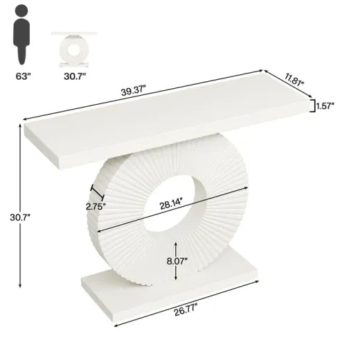 Tavolo consolle in MDF e metallo con struttura geometrica; bianco