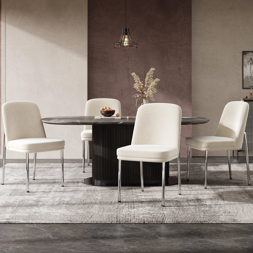 Set di 2 sedie da pranzo in velluto beige con struttura metallica cromata e seduta imbottita