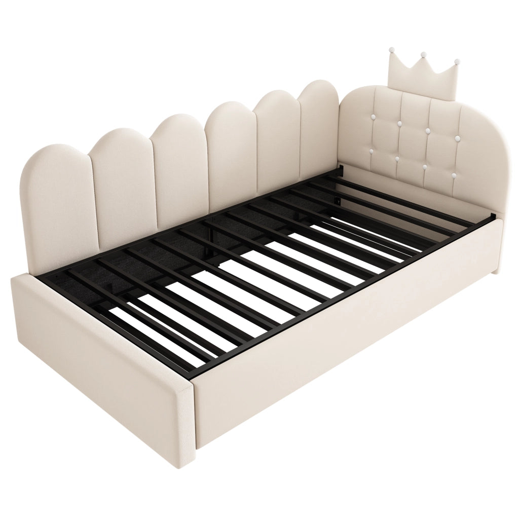 Letto daybed L-forma 90x200 cm con letto estraibile 90x190 cm, velluto beige, design corona